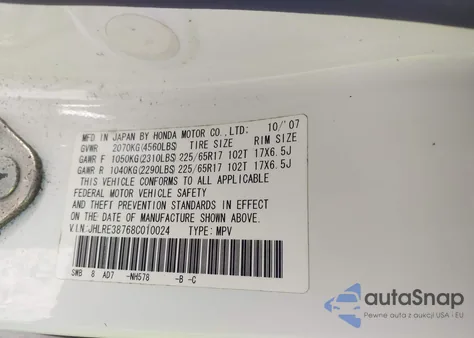 2008 Honda Cr-V Ex-L from USA, damaged, VIN JHLRE38768C010024